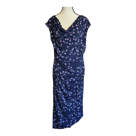 Vince Camuto Floral Sheath Midi Dress Womens Med Blue Cowl Neck Ruched Romantic - Picture 1 of 10